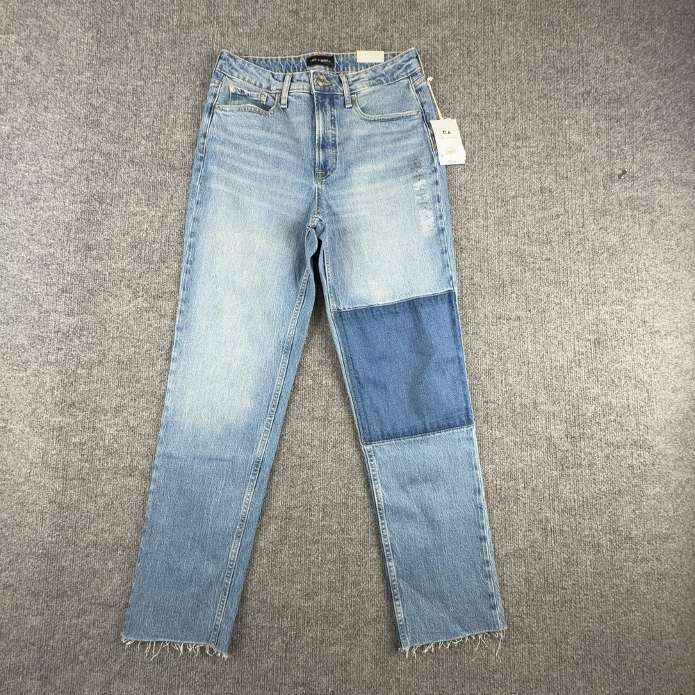 Free Assembly Jeans Womens 8 Blue Super High Rise Straight Patchwork Raw Hem